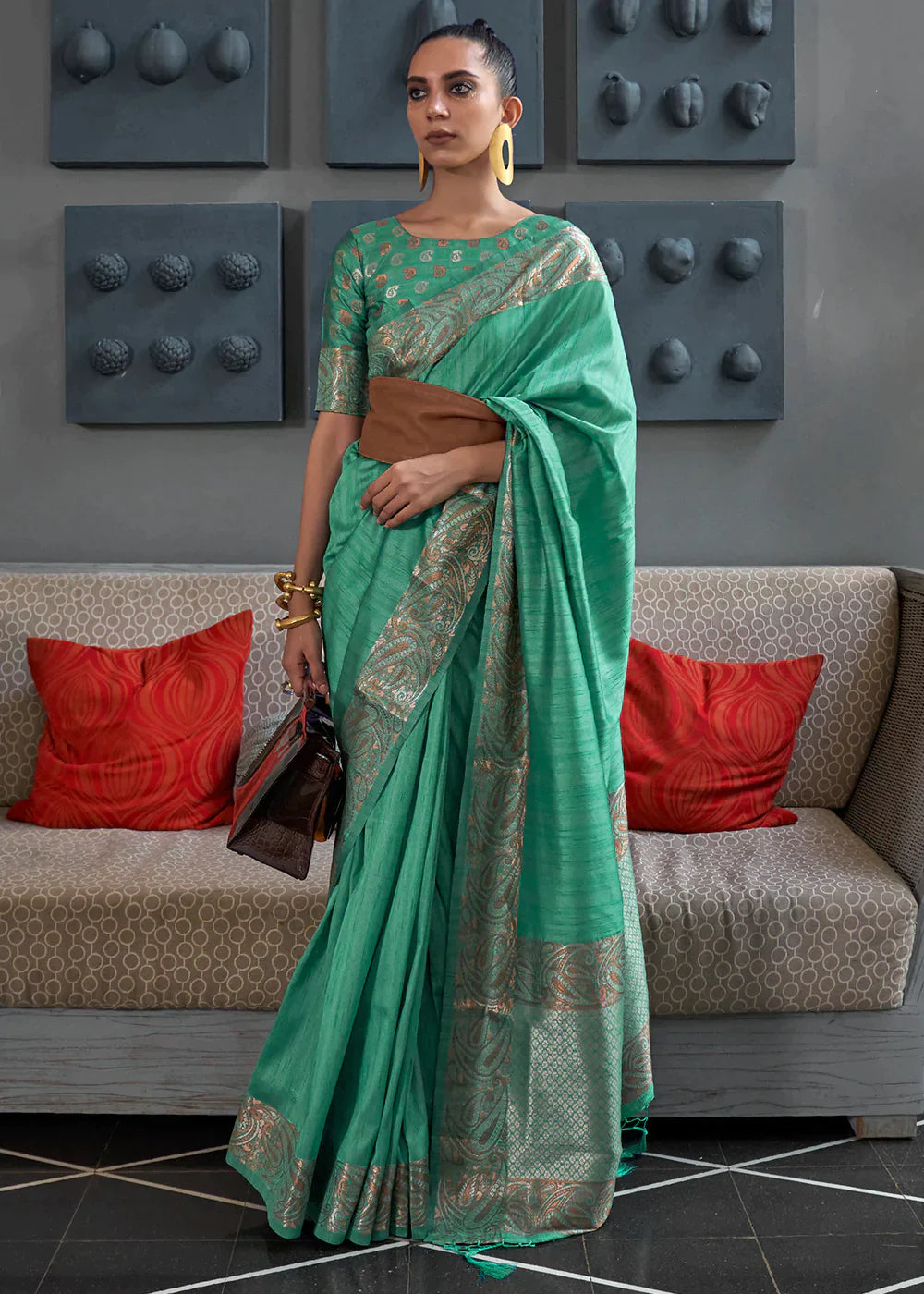 Dark Topaz Green Copper Zari Handloom Weaving Tussar Silk Saree Clothsvilla