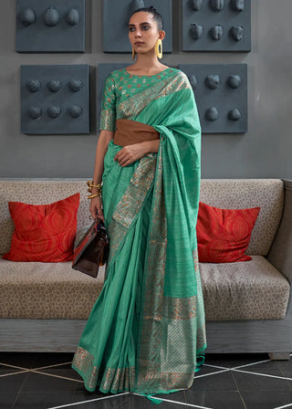 Dark Topaz Green Copper Zari Handloom Weaving Tussar Silk Saree Clothsvilla