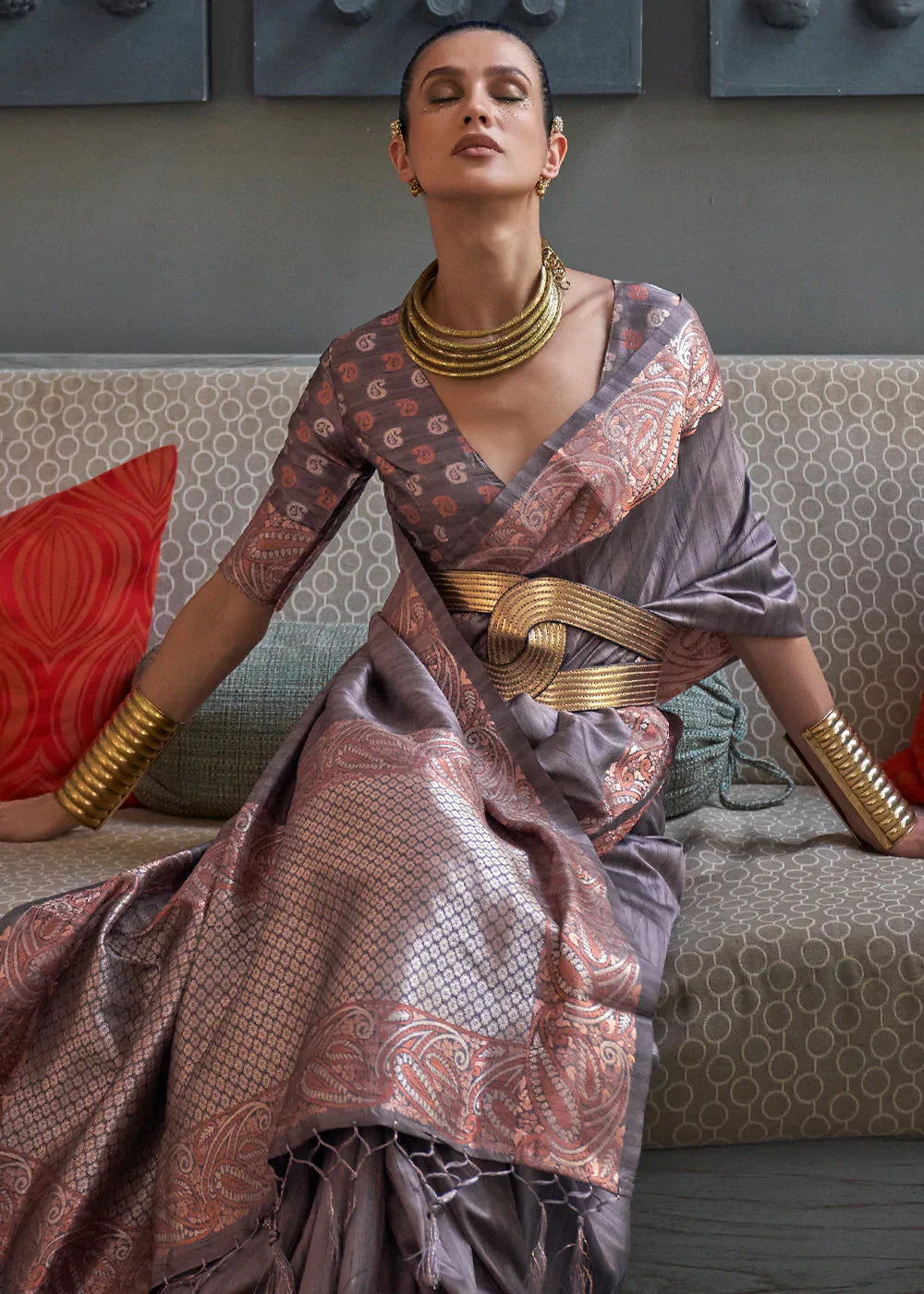 Stormy Grey Copper Zari Handloom Weaving Tussar Silk Saree Clothsvilla