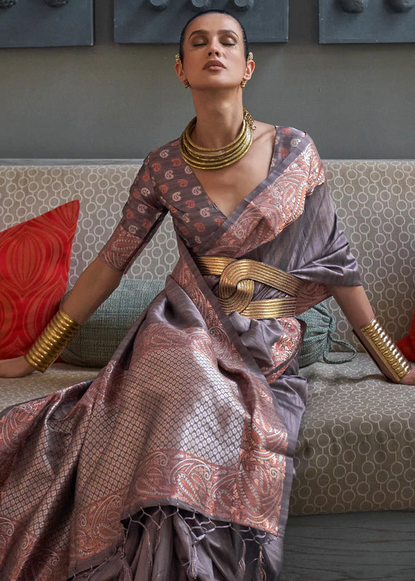 Stormy Grey Copper Zari Handloom Weaving Tussar Silk Saree Clothsvilla