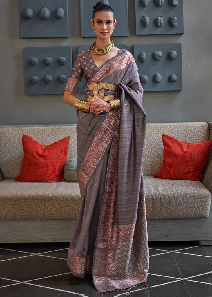 Stormy Grey Copper Zari Handloom Weaving Tussar Silk Saree Clothsvilla