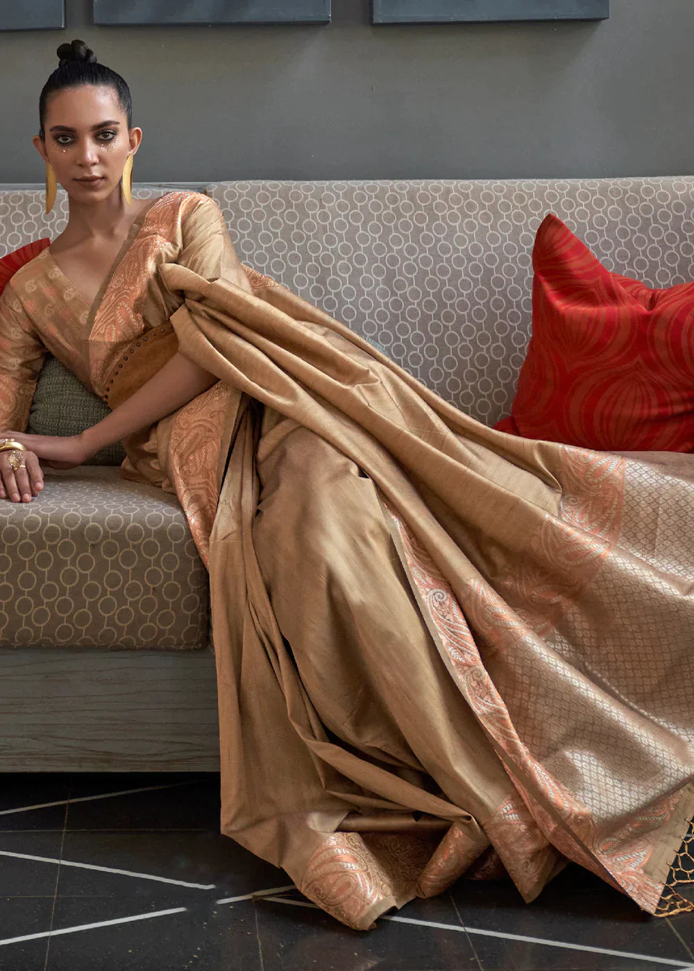 Tortilla Brown Copper Zari Handloom Weaving Tussar Silk Saree Clothsvilla