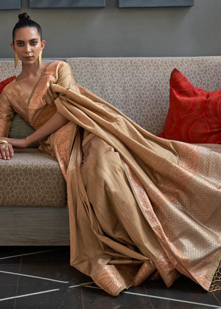 Tortilla Brown Copper Zari Handloom Weaving Tussar Silk Saree Clothsvilla