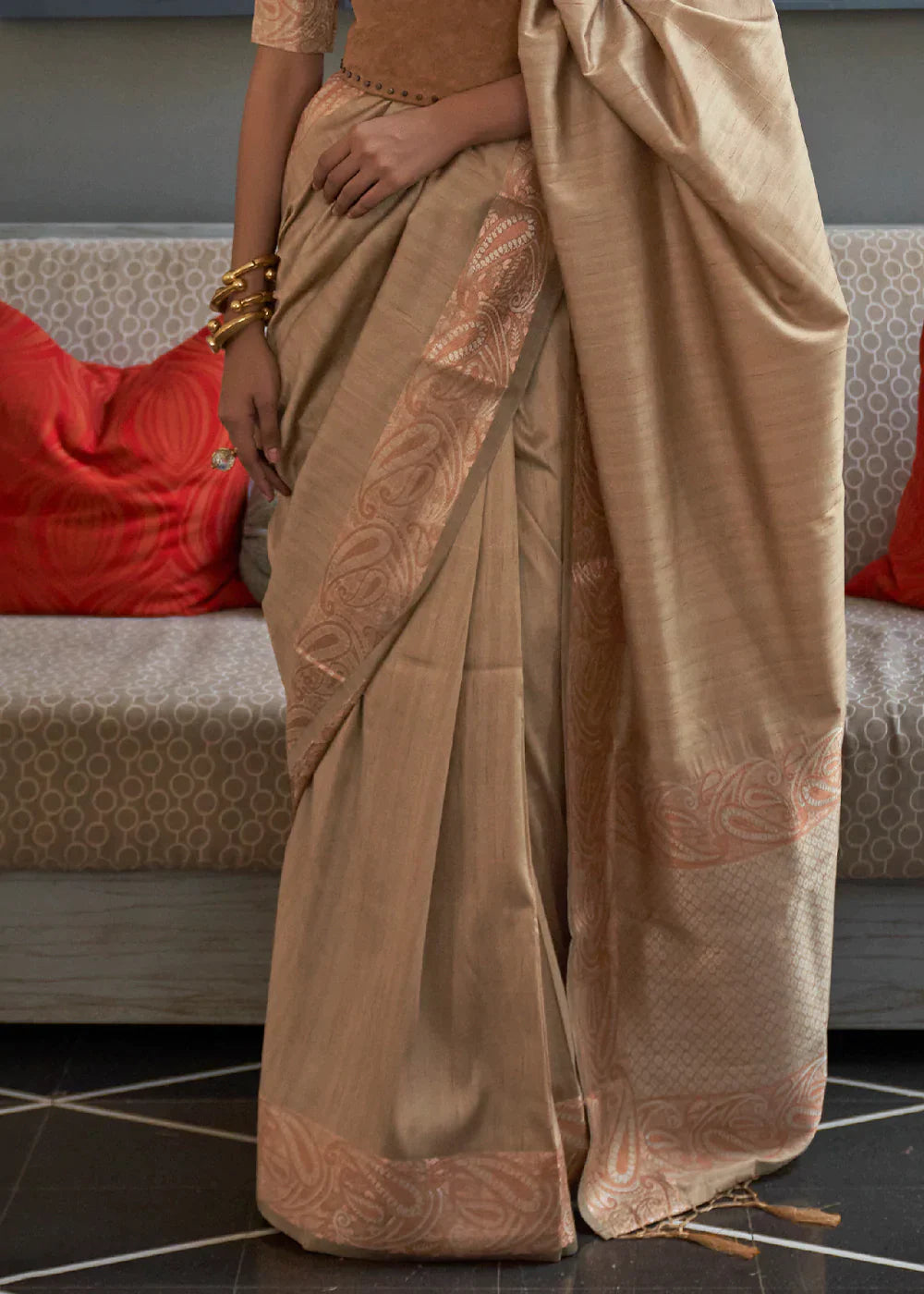Tortilla Brown Copper Zari Handloom Weaving Tussar Silk Saree Clothsvilla