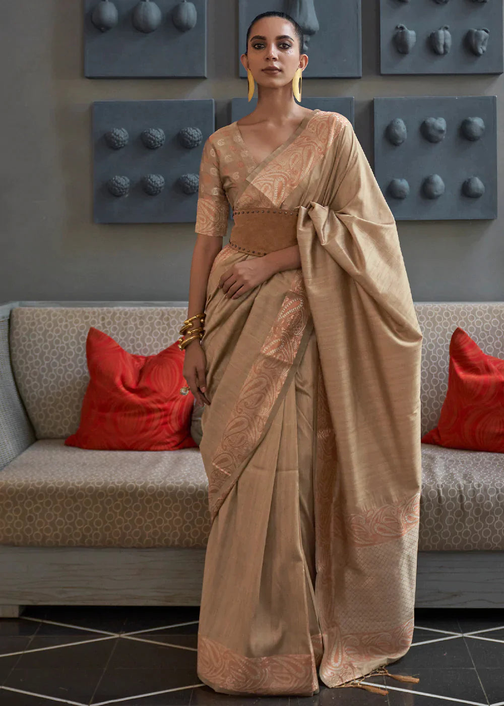 Tortilla Brown Copper Zari Handloom Weaving Tussar Silk Saree Clothsvilla