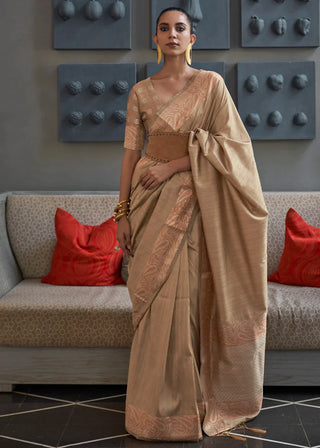 Tortilla Brown Copper Zari Handloom Weaving Tussar Silk Saree Clothsvilla