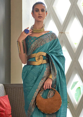Munsell Blue Copper Zari Handloom Weaving Tussar Silk Saree Clothsvilla