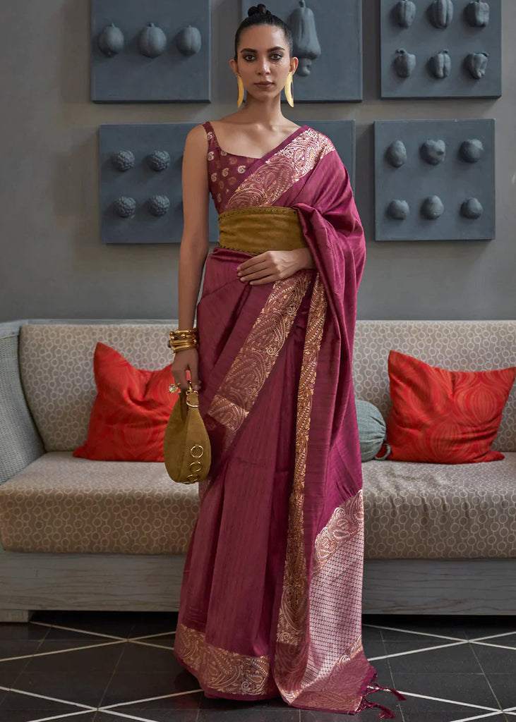 Radiant Orchid Purple Copper Zari Handloom Weaving Tussar Silk Saree Clothsvilla