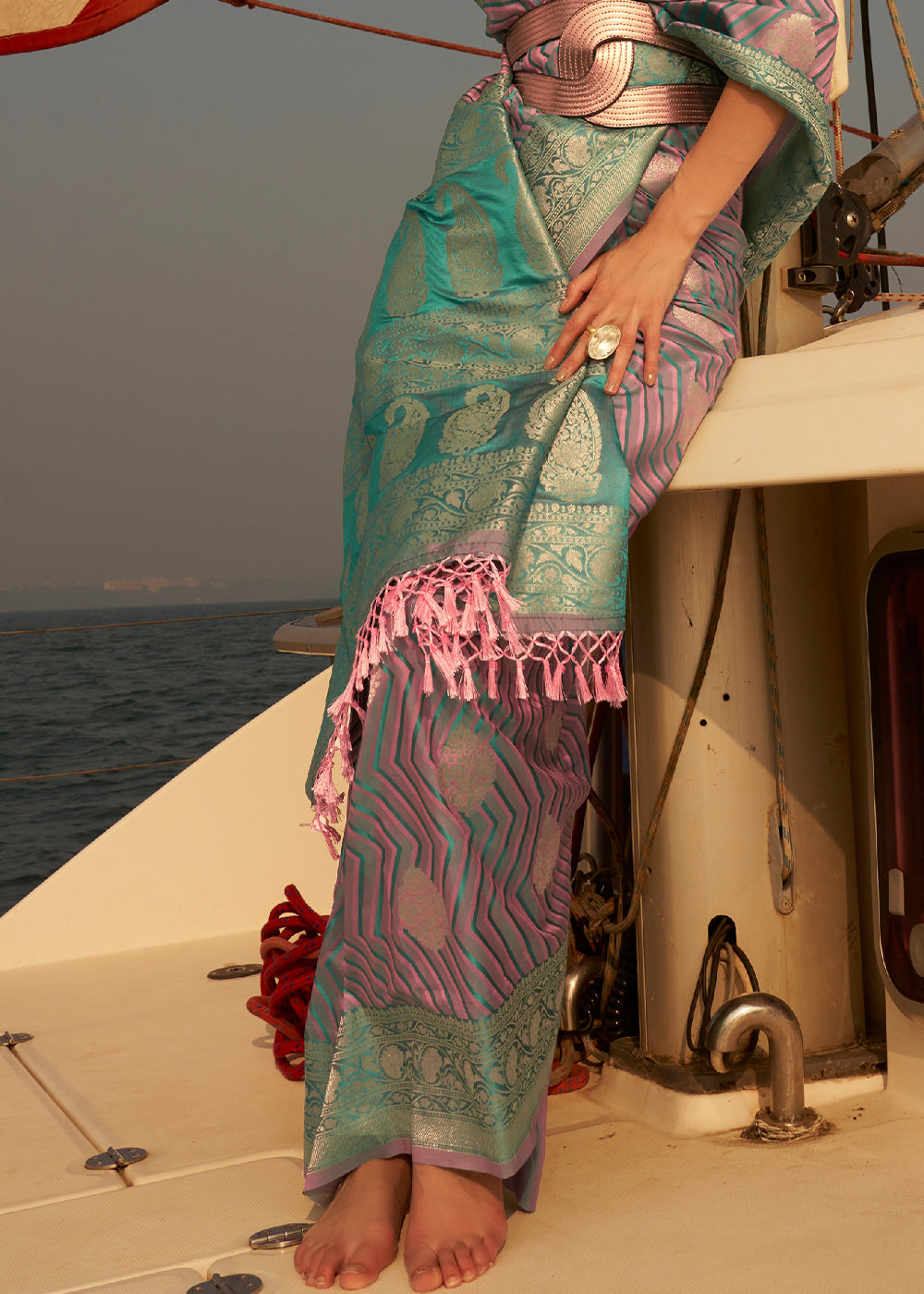 Blue & Pink Two Tone Designer Satin Silk Saree Clothsvilla