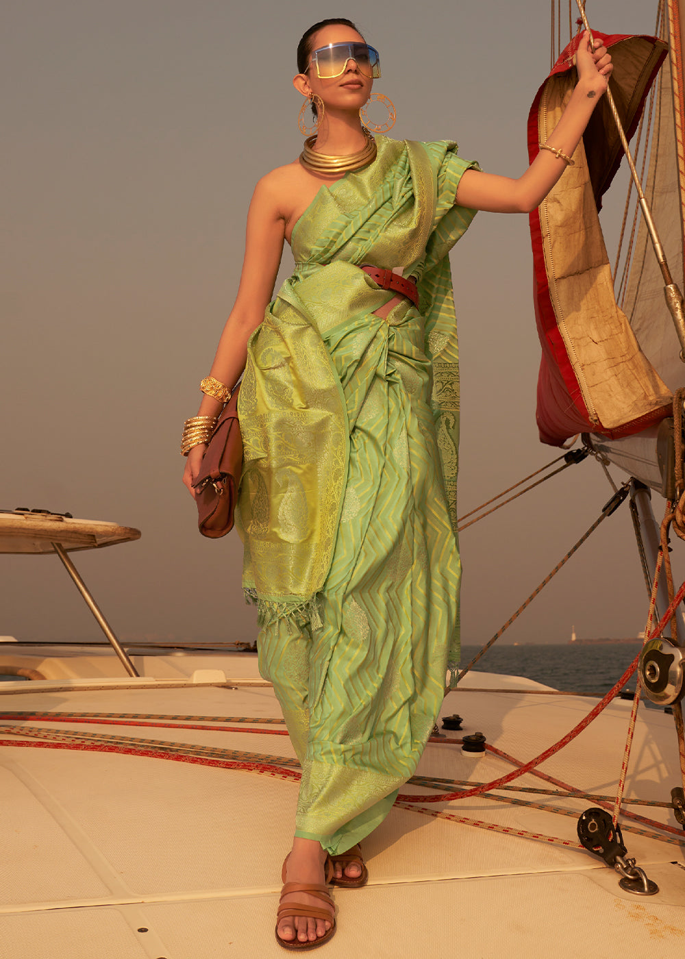 Paris Green Two Tone Designer Satin Silk Saree Clothsvilla Main image