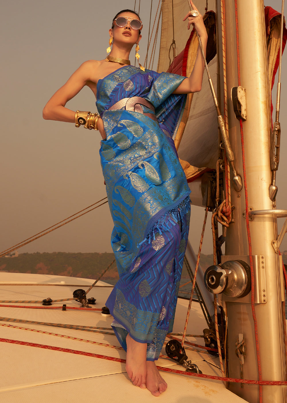 Shades Of Blue Two Tone Designer Satin Silk Saree Clothsvilla Main image