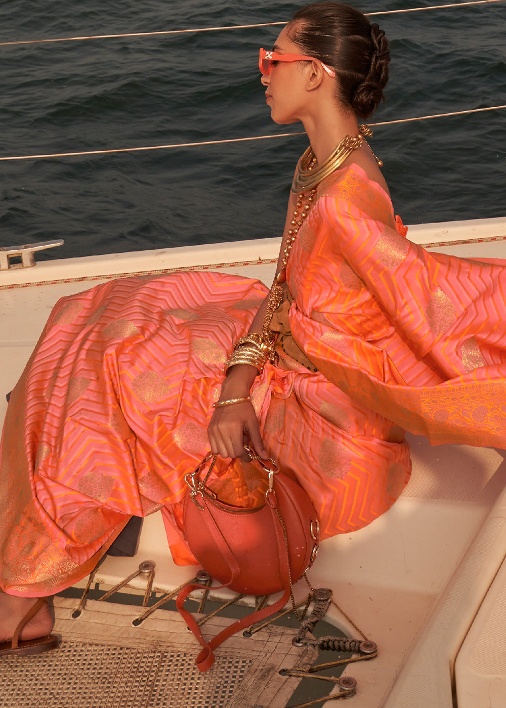 Orange & Pink Two Tone Designer Satin Silk Saree Clothsvilla