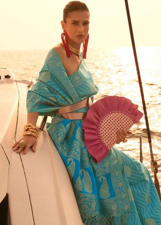 Cerulean Blue Two Tone Designer Satin Silk Saree Clothsvilla