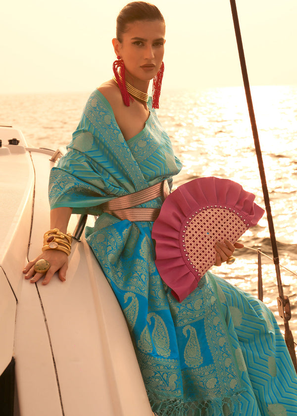 Cerulean Blue Two Tone Designer Satin Silk Saree Clothsvilla