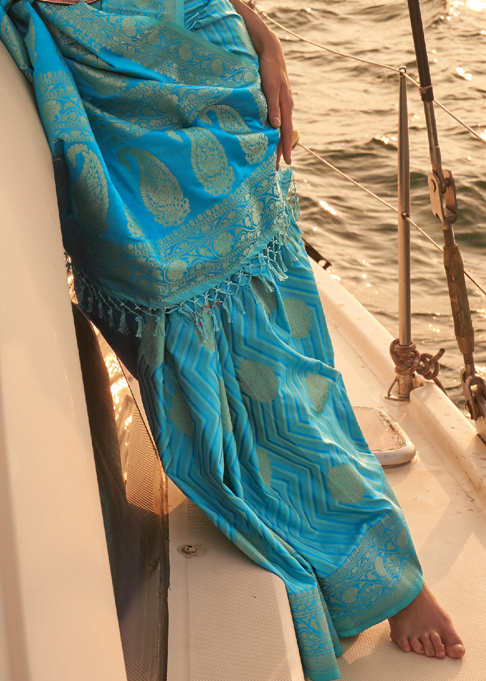 Cerulean Blue Two Tone Designer Satin Silk Saree Clothsvilla