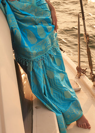 Cerulean Blue Two Tone Designer Satin Silk Saree Clothsvilla