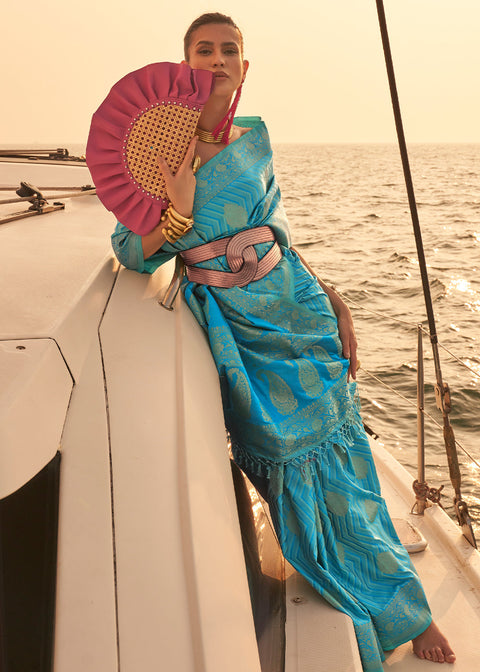 Cerulean Blue Two Tone Designer Satin Silk Saree Clothsvilla Main image