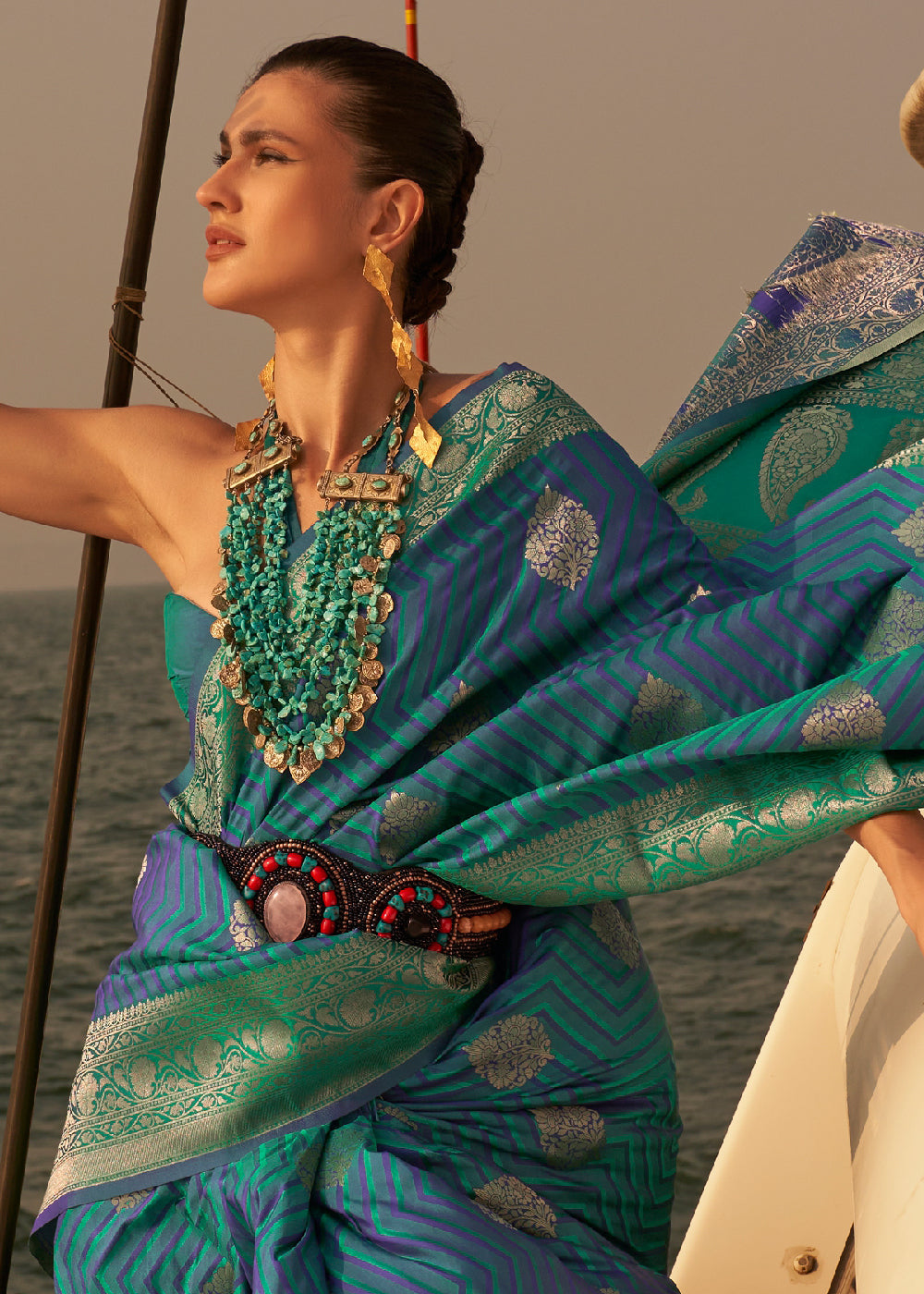 Blue & Green Two Tone Designer Satin Silk Saree Clothsvilla