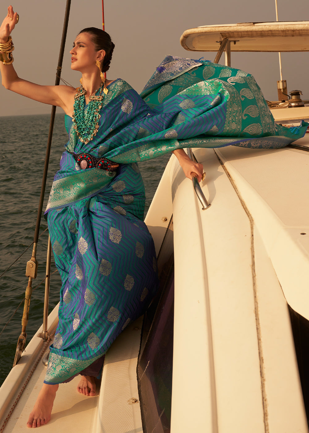 Blue & Green Two Tone Designer Satin Silk Saree Clothsvilla Main image