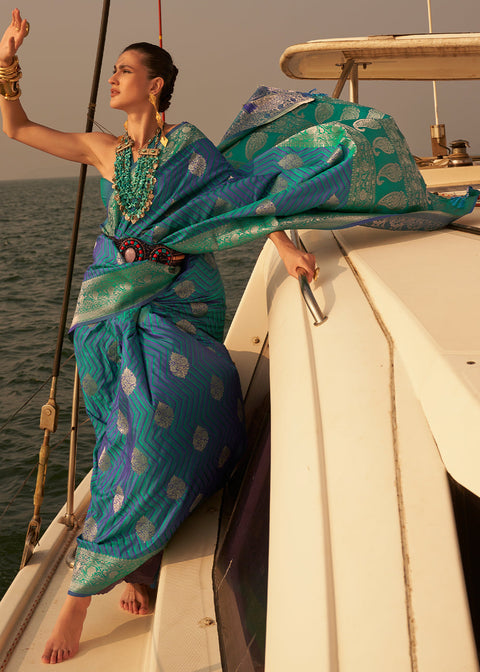 Blue & Green Two Tone Designer Satin Silk Saree Clothsvilla Main image