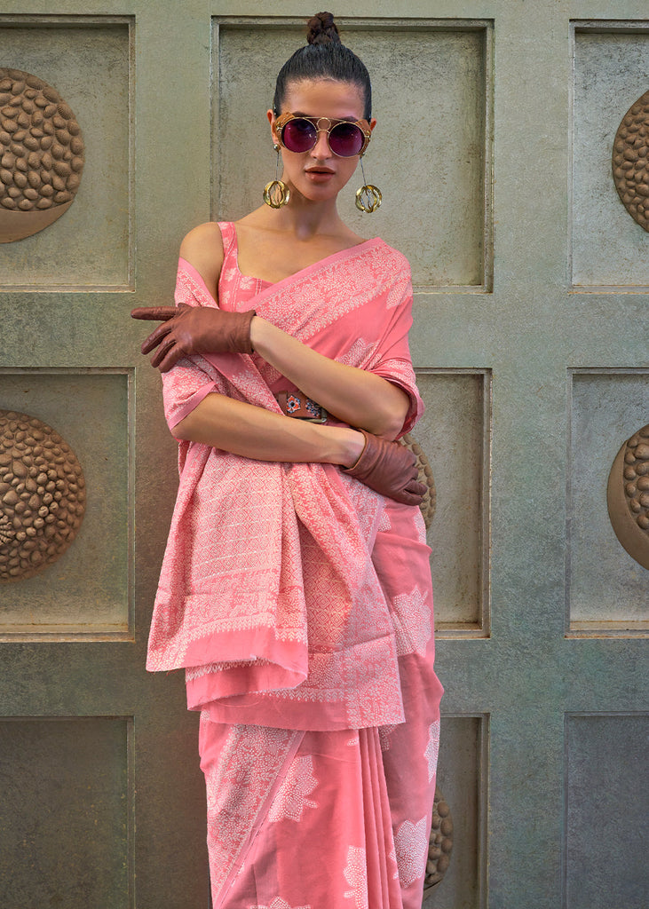 French Pink Chikankari Weaving Silk Saree with Sequins work Clothsvilla