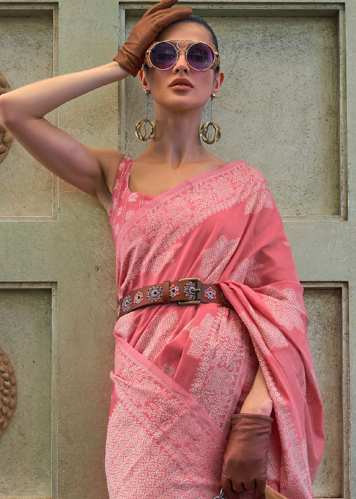 French Pink Chikankari Weaving Silk Saree with Sequins work Clothsvilla