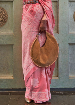 French Pink Chikankari Weaving Silk Saree with Sequins work Clothsvilla