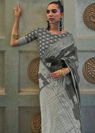 Iron Grey Chikankari Weaving Silk Saree with Sequins work Clothsvilla