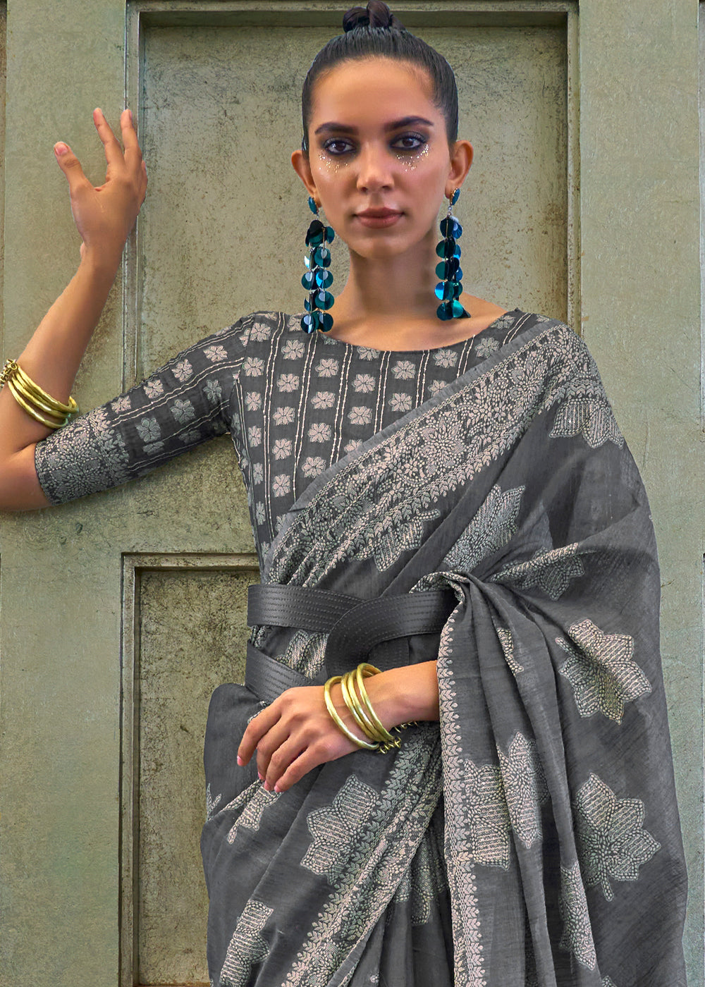 Iron Grey Chikankari Weaving Silk Saree with Sequins work Clothsvilla