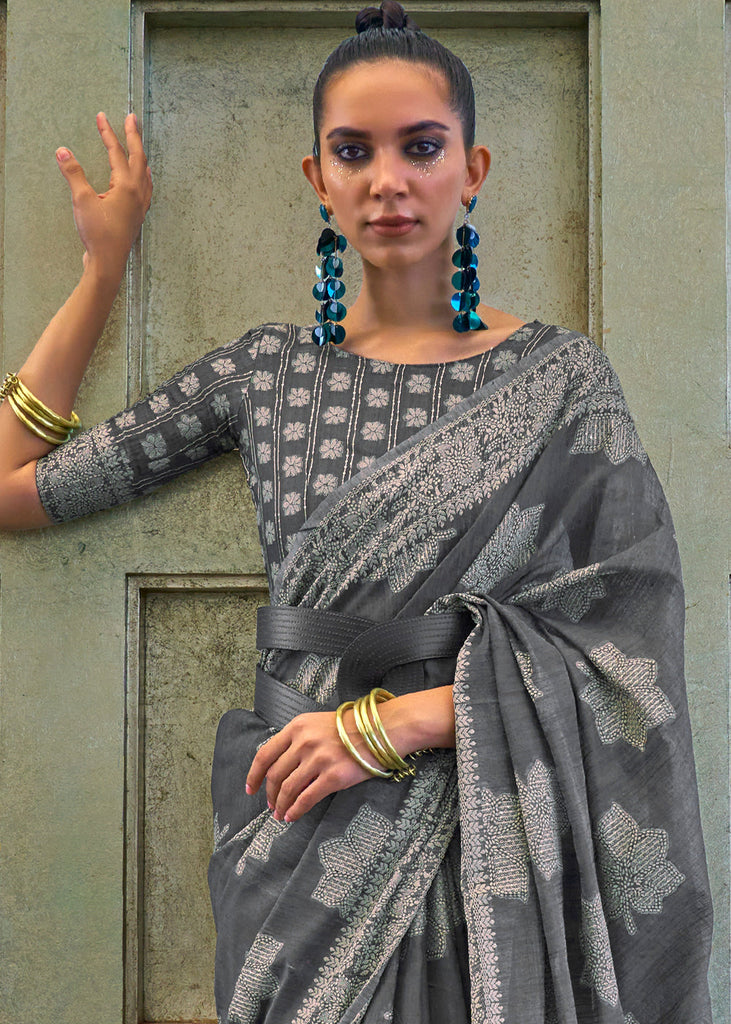 Iron Grey Chikankari Weaving Silk Saree with Sequins work Clothsvilla