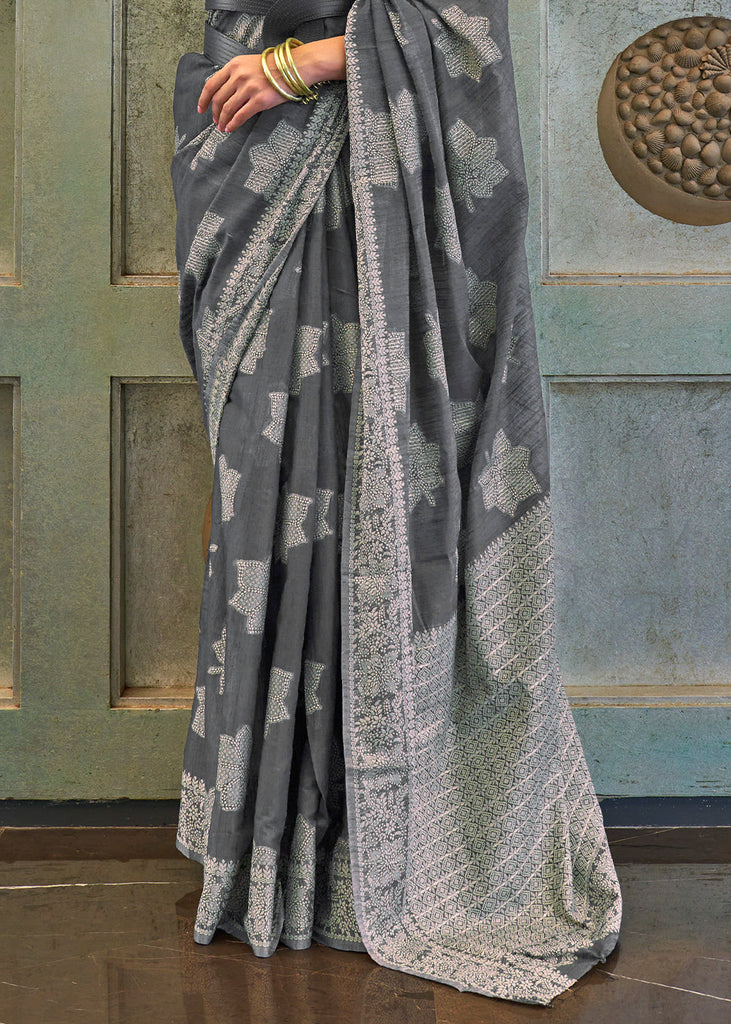 Iron Grey Chikankari Weaving Silk Saree with Sequins work Clothsvilla