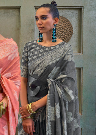 Iron Grey Chikankari Weaving Silk Saree with Sequins work Clothsvilla