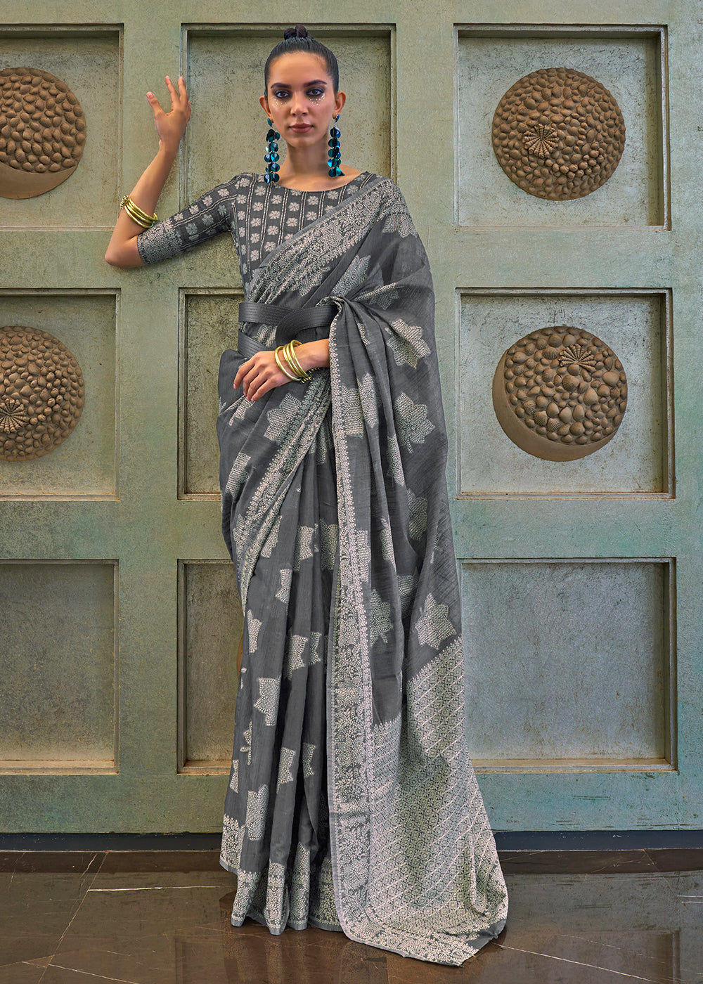 Iron Grey Chikankari Weaving Silk Saree with Sequins work Clothsvilla