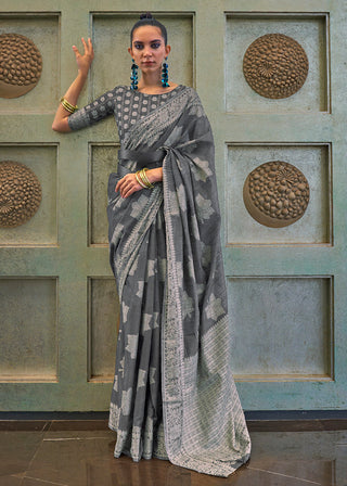 Iron Grey Chikankari Weaving Silk Saree with Sequins work Clothsvilla