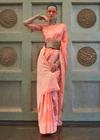 Salmon Orange Chikankari Weaving Silk Saree with Sequins work Clothsvilla