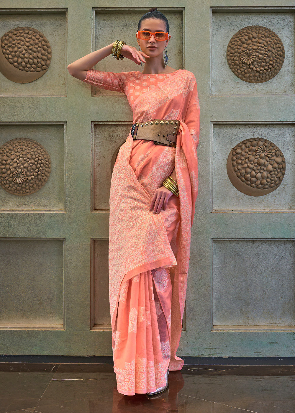 Salmon Orange Chikankari Weaving Silk Saree with Sequins work Clothsvilla