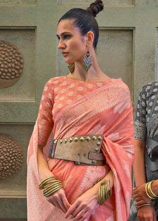Salmon Orange Chikankari Weaving Silk Saree with Sequins work Clothsvilla