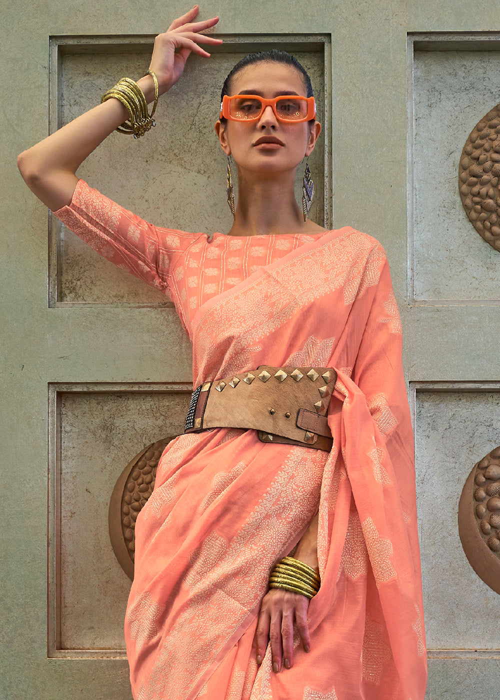 Salmon Orange Chikankari Weaving Silk Saree with Sequins work Clothsvilla