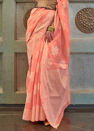 Salmon Orange Chikankari Weaving Silk Saree with Sequins work Clothsvilla