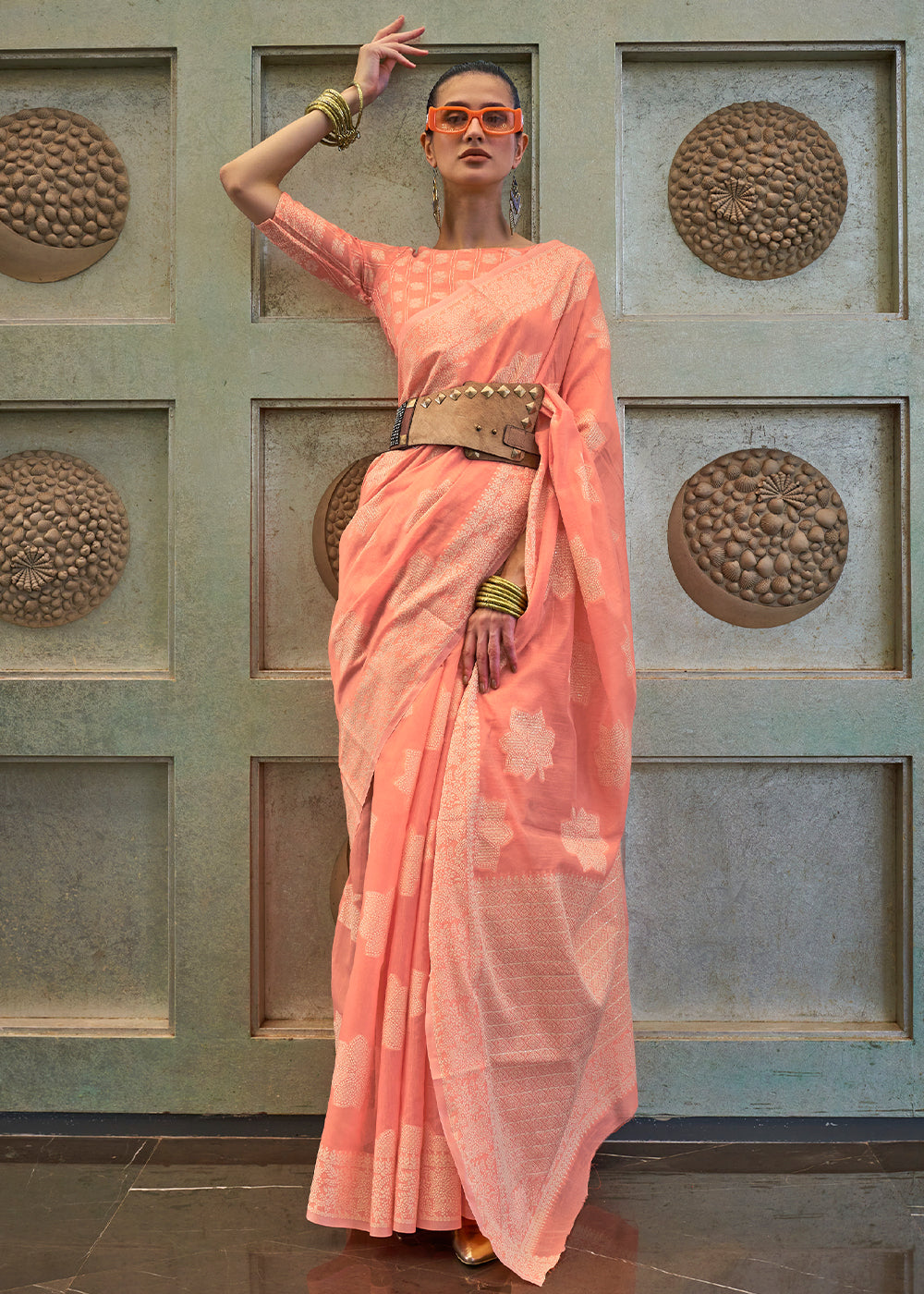 Salmon Orange Chikankari Weaving Silk Saree with Sequins work Clothsvilla