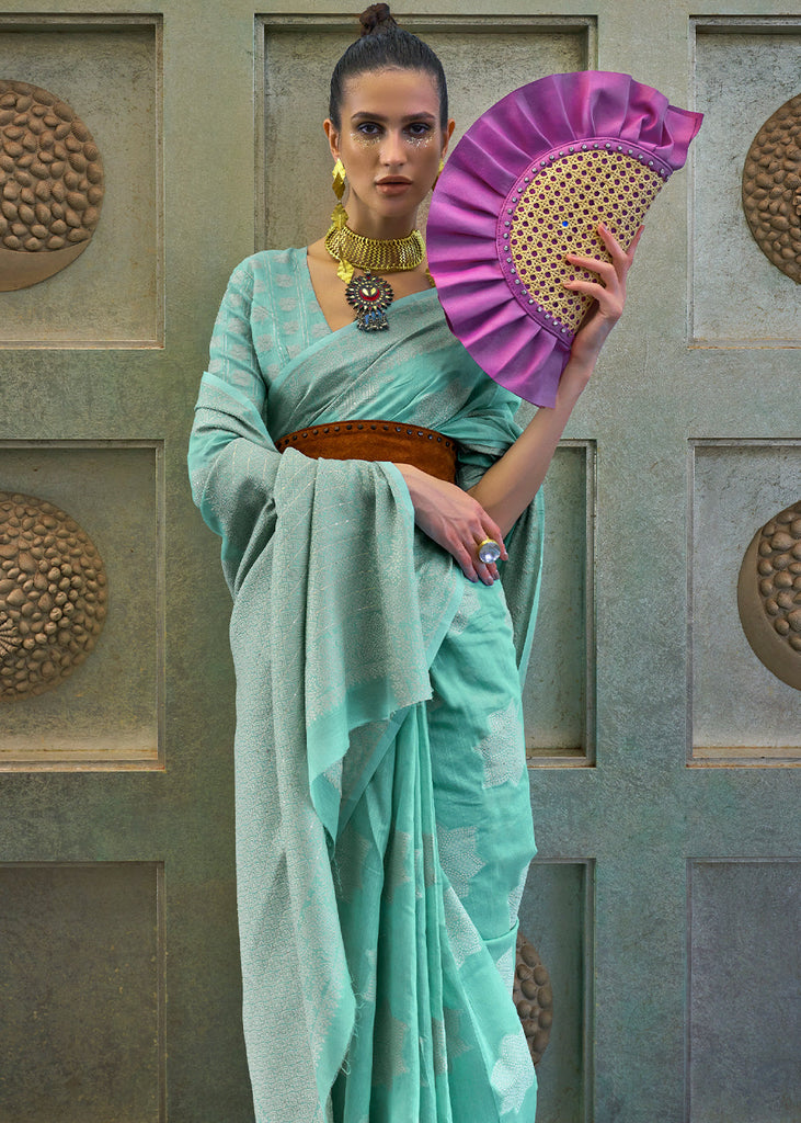 Turquoise Blue Weaved Thread Silk Saree|SARV155856