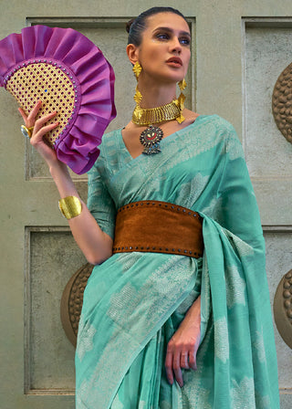 Turquoise Blue Chikankari Weaving Silk Saree with Sequins work Clothsvilla