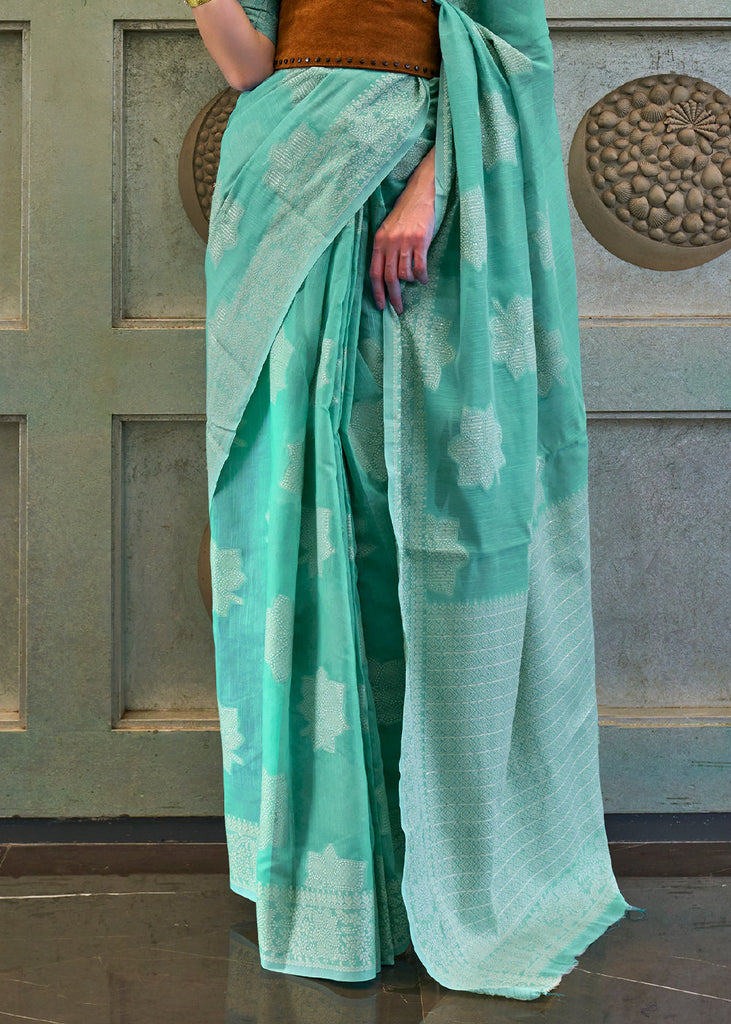 Turquoise Blue Chikankari Weaving Silk Saree with Sequins work Clothsvilla