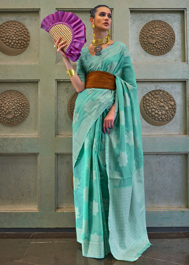 Turquoise Blue Chikankari Weaving Silk Saree with Sequins work Clothsvilla