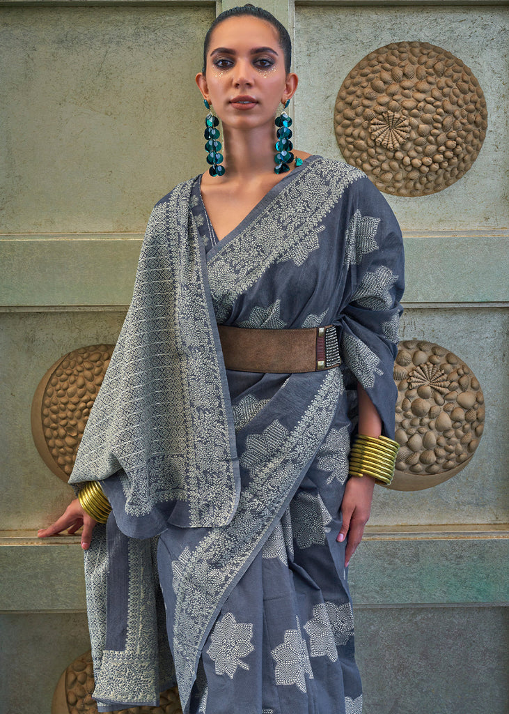 Porpoise Grey Chikankari Weaving Silk Saree with Sequins work Clothsvilla