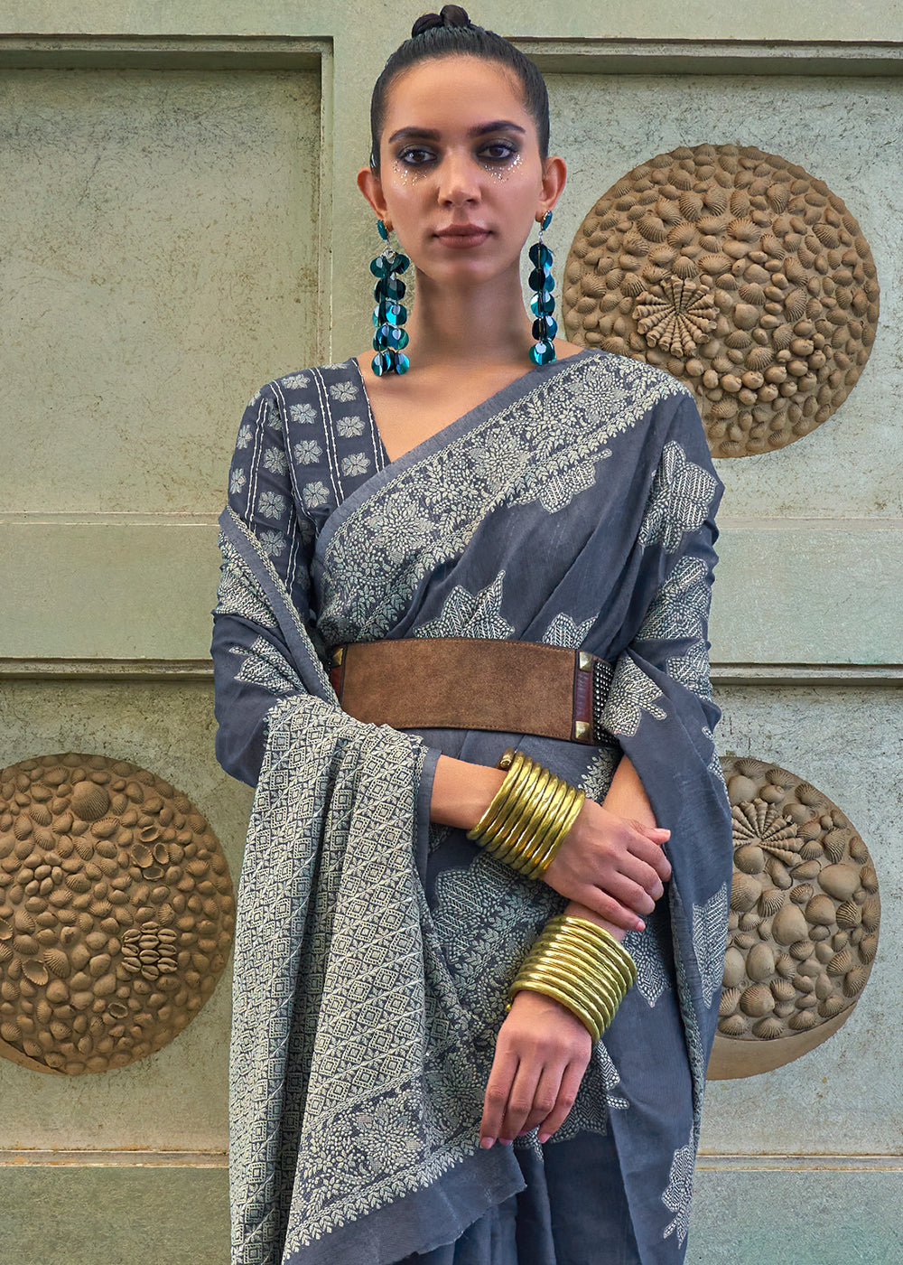 Porpoise Grey Chikankari Weaving Silk Saree with Sequins work Clothsvilla