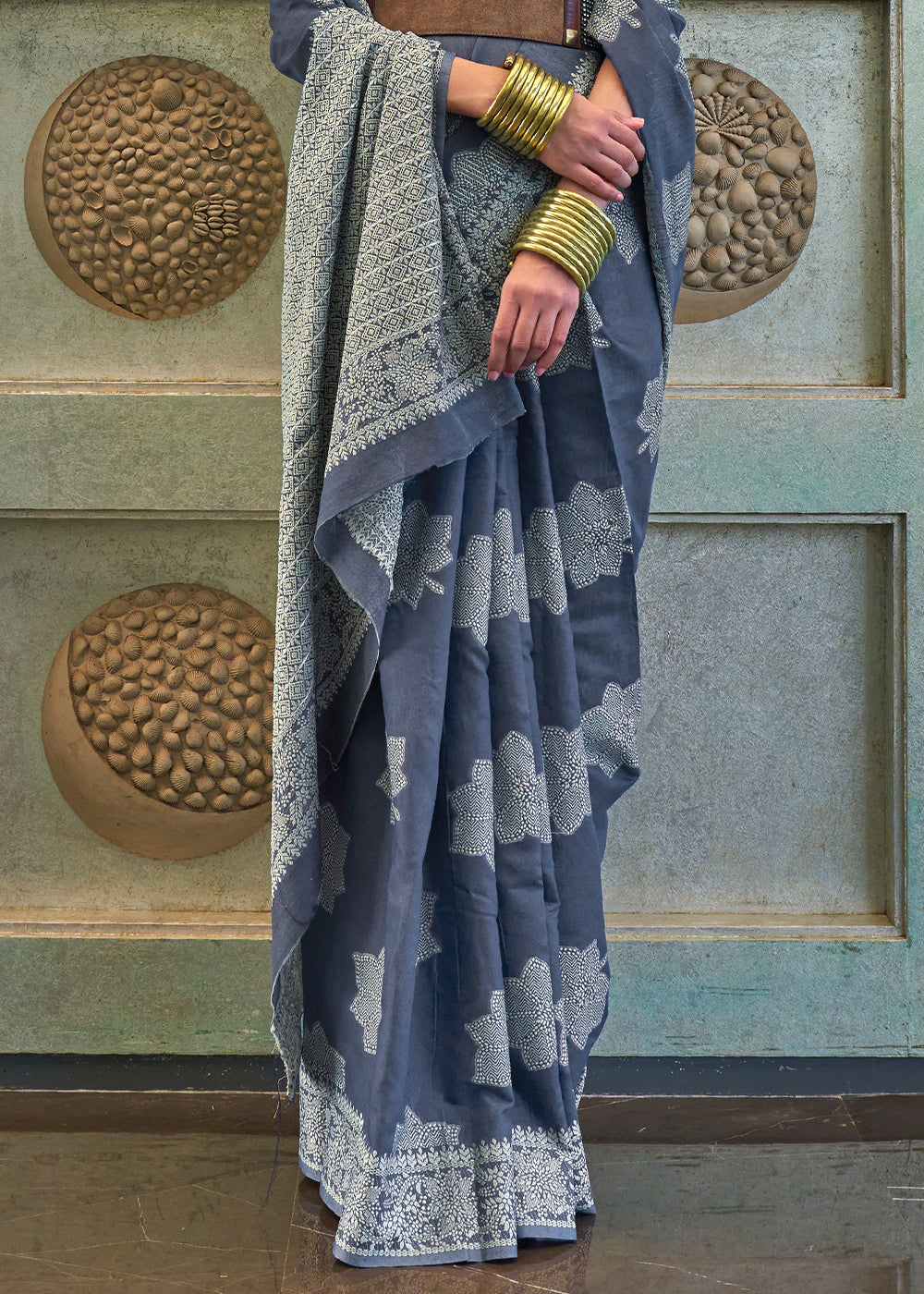 Porpoise Grey Chikankari Weaving Silk Saree with Sequins work Clothsvilla