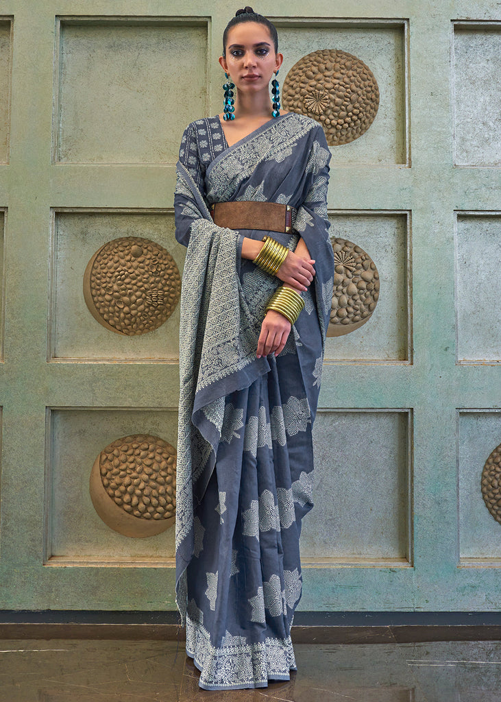 Porpoise Grey Chikankari Weaving Silk Saree with Sequins work Clothsvilla
