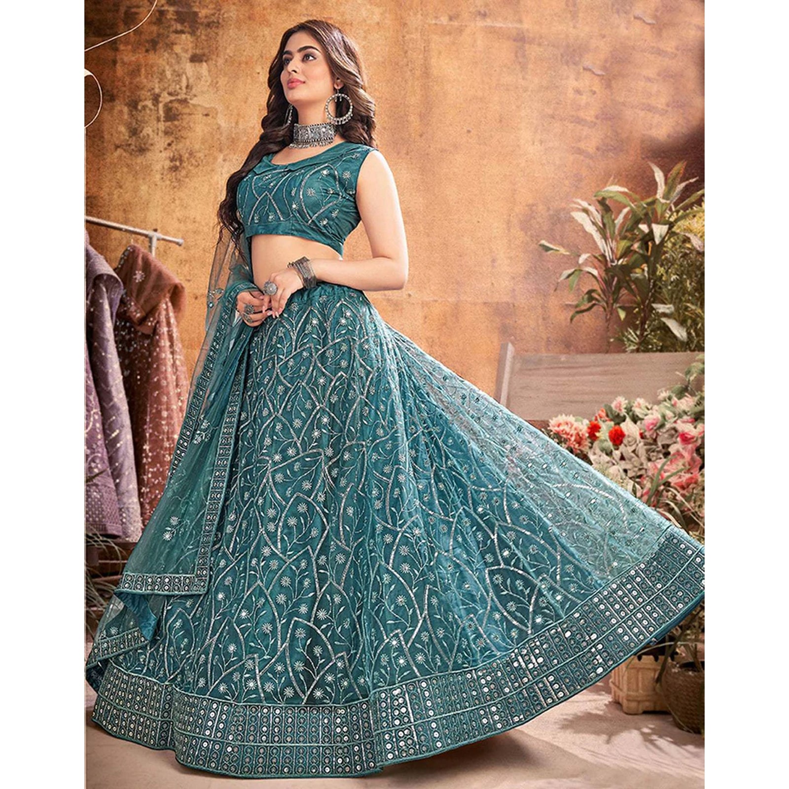 Dark Rama Thread and Sequence work Lehenga choli ClothsVilla