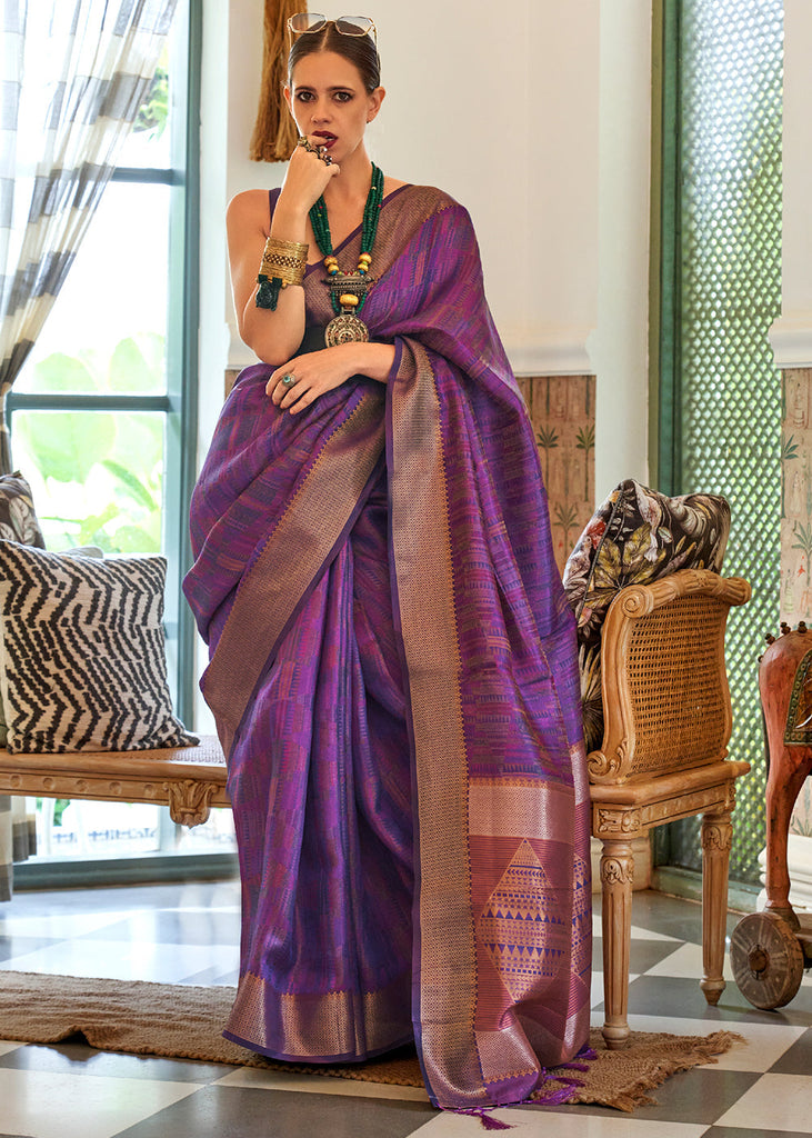 Purple Black Handloom Silk Cotton Saree Saree With Blouse -  Canada